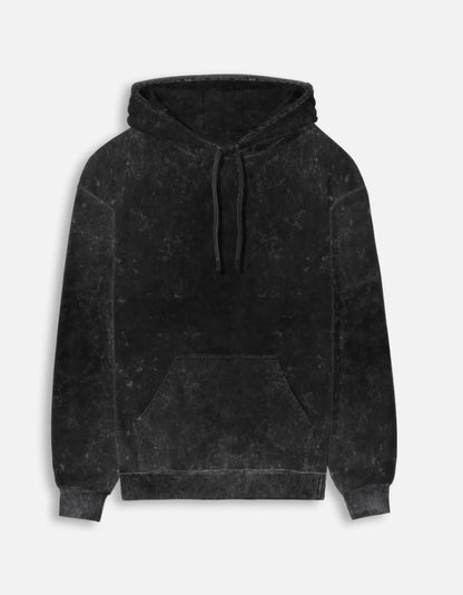 Color_Black. mineral-wash unisex heavyweight hoodie. 300 GSM cotton brushed fleece with a distressed, textured finish. Features a kangaroo pocket, matching drawstrings, and ribbed finishes. Architectural streetwear fit for cold weather.