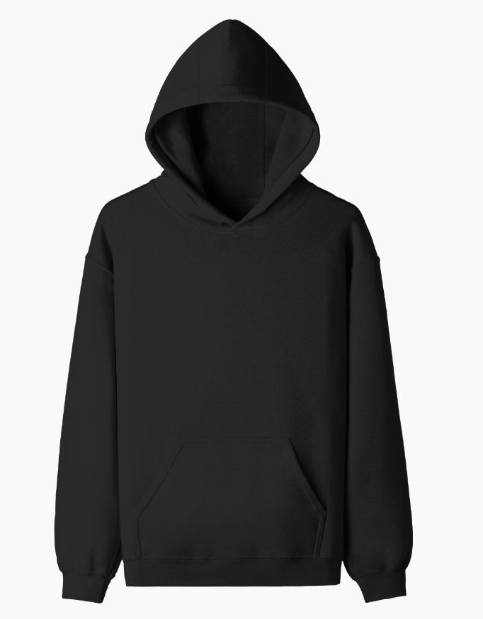 Color_Black. Oversized midnight black heavyweight streetwear hoodie with a front kangaroo pocket and dropped shoulders. Features a structured boxy fit in premium cotton fleece without graphics.