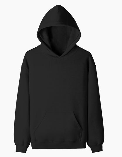 Color_Black. Oversized midnight black heavyweight streetwear hoodie with a front kangaroo pocket and dropped shoulders. Features a structured boxy fit in premium cotton fleece without graphics.