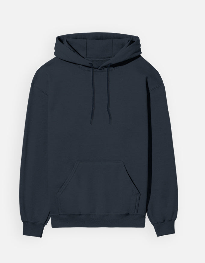 Color_NavyBlue. unisex heavyweight hoodie featuring a centered, detailed azure blue abstract graphic. 300 GSM cotton brushed fleece with kangaroo pocket and ribbed finishes. Structured streetwear fit for cold weather.