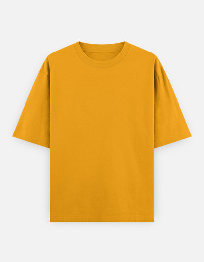 Color_GoldenYellow. High-quality oversized unisex t-shirt with a classic crew neck and drop-shoulder construction. Smooth, heavy-weight cotton fabric in a solid color, offering a relaxed, boxy streetwear fit for a timeless aesthetic.