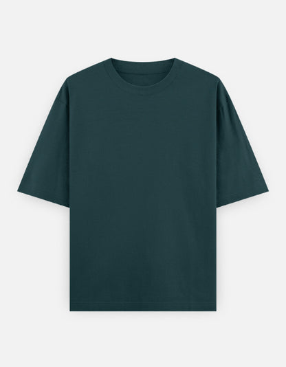 Color_PetrolBlue. High-quality oversized unisex t-shirt with a classic crew neck and drop-shoulder construction. Smooth, heavy-weight cotton fabric in a solid color, offering a relaxed, boxy streetwear fit for a timeless aesthetic.