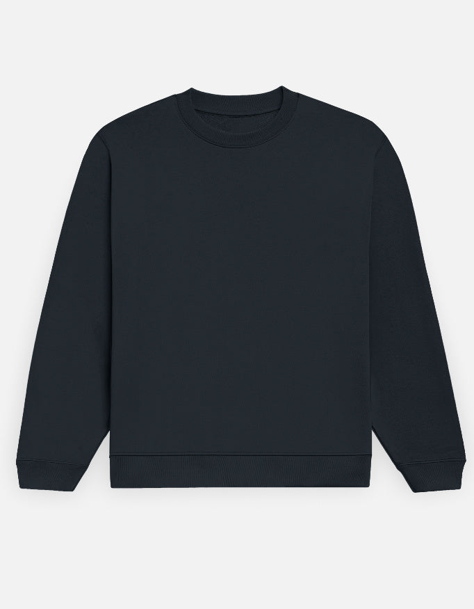 Color_NavyBlue. Premium solid-colored unisex crewneck sweatshirt made from 100% cotton and 300 GSM brushed fleece. Features a relaxed regular fit with snug ribbed cuffs and a structured hem. High-quality, heavyweight cozy apparel designed for cold weather and casual streetwear.