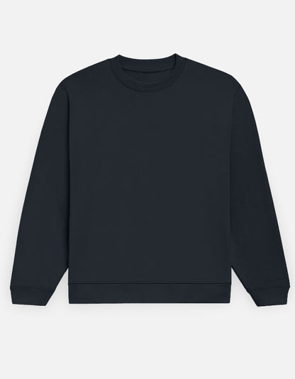 Color_NavyBlue. Premium solid-colored unisex crewneck sweatshirt made from 100% cotton and 300 GSM brushed fleece. Features a relaxed regular fit with snug ribbed cuffs and a structured hem. High-quality, heavyweight cozy apparel designed for cold weather and casual streetwear.