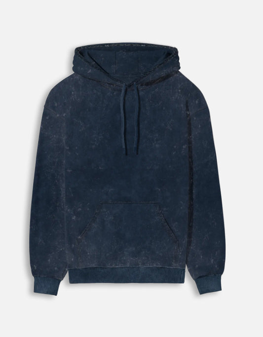 Color_NavyBlue. mineral-wash unisex heavyweight hoodie. 300 GSM cotton brushed fleece with a distressed, textured finish. Features a kangaroo pocket, matching drawstrings, and ribbed finishes. Architectural streetwear fit for cold weather.