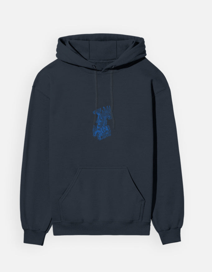 Color_NavyBlue. Black unisex heavyweight hoodie featuring a centered abstract blue graphic. 300 GSM cotton brushed fleece with kangaroo pocket and ribbed finishes. Structured streetwear fit for cold weather.