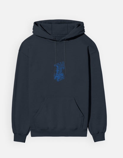 Color_NavyBlue. Black unisex heavyweight hoodie featuring a centered abstract blue graphic. 300 GSM cotton brushed fleece with kangaroo pocket and ribbed finishes. Structured streetwear fit for cold weather.