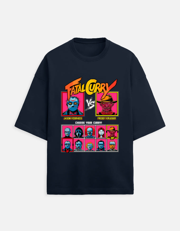 Color_NavyBlue. oversized t-shirt featuring a colorful graphic inspired by a video game selection screen. It displays portraits of horror icons like Jason Voorhees and Freddy Krueger under the stylized orange and yellow title "Fatal Curry."