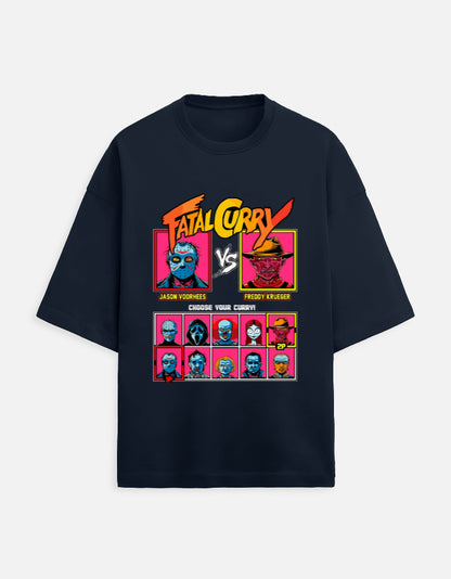Color_NavyBlue. oversized t-shirt featuring a colorful graphic inspired by a video game selection screen. It displays portraits of horror icons like Jason Voorhees and Freddy Krueger under the stylized orange and yellow title "Fatal Curry."
