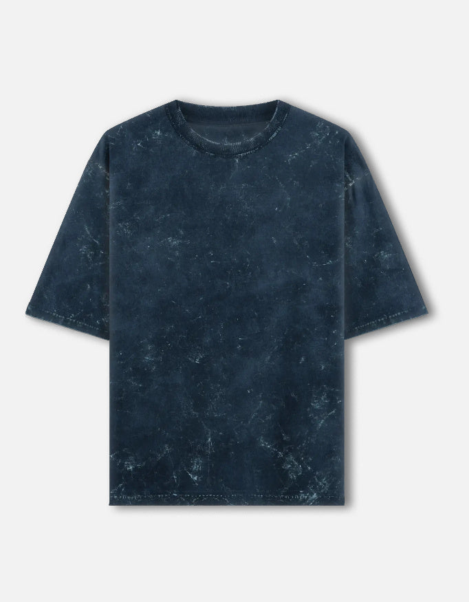 Color_NavyBlue. Oversized unisex t-shirt with a vintage acid-washed or mineral-wash texture. Features a faded, marbled grey and black aesthetic with a drop-shoulder, boxy fit. High-quality cotton streetwear with a distressed, retro finish.