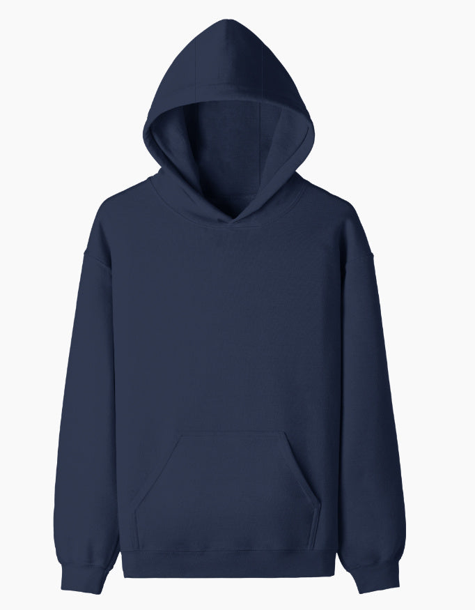 Color_NavyBlue. Oversized midnight black heavyweight streetwear hoodie with a front kangaroo pocket and dropped shoulders. Features a structured boxy fit in premium cotton fleece without graphics.