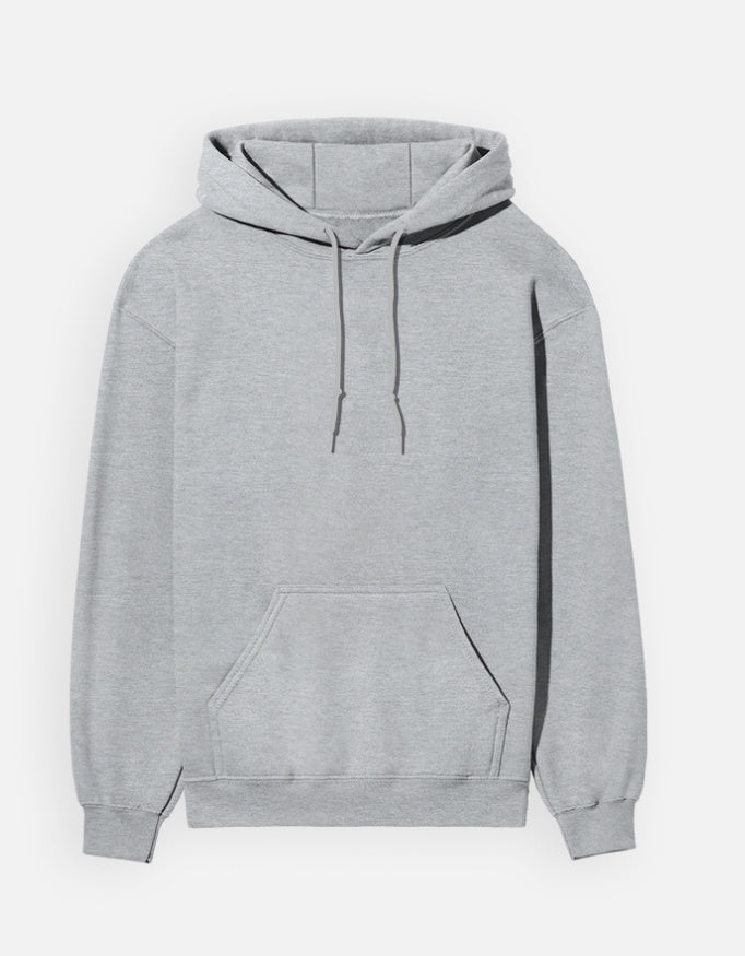 Color_GreyMelange. unisex heavyweight hoodie featuring a centered, detailed azure blue abstract graphic. 300 GSM cotton brushed fleece with kangaroo pocket and ribbed finishes. Structured streetwear fit for cold weather.