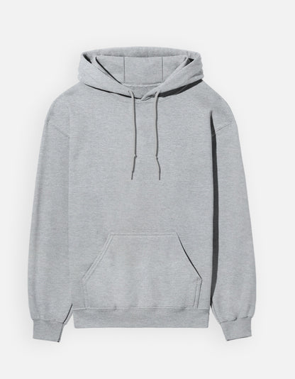 Color_GreyMelange. unisex heavyweight hoodie featuring a centered, detailed azure blue abstract graphic. 300 GSM cotton brushed fleece with kangaroo pocket and ribbed finishes. Structured streetwear fit for cold weather.