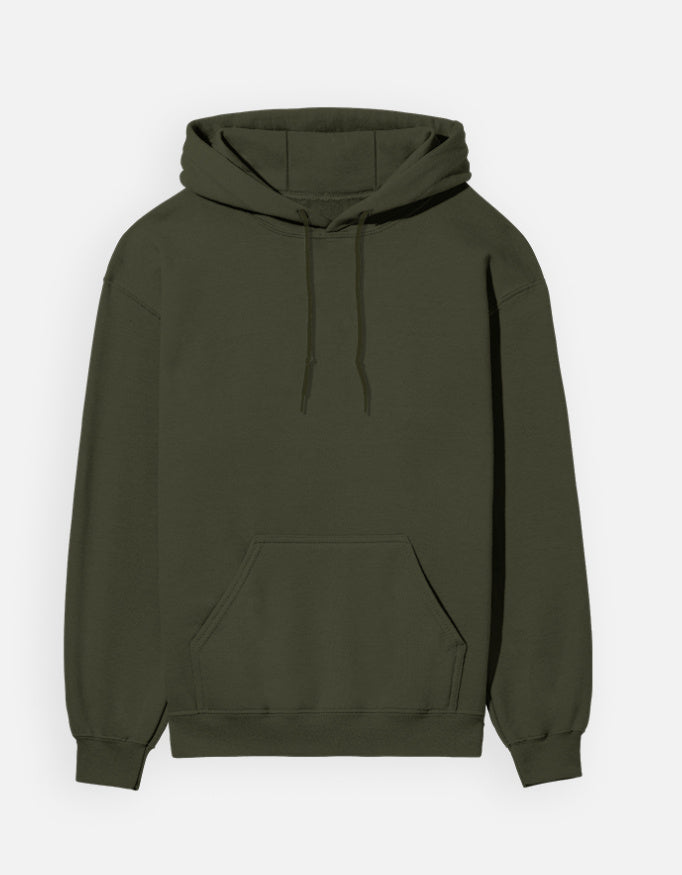 Color_OliveGreen. unisex heavyweight hoodie featuring a centered, detailed azure blue abstract graphic. 300 GSM cotton brushed fleece with kangaroo pocket and ribbed finishes. Structured streetwear fit for cold weather.