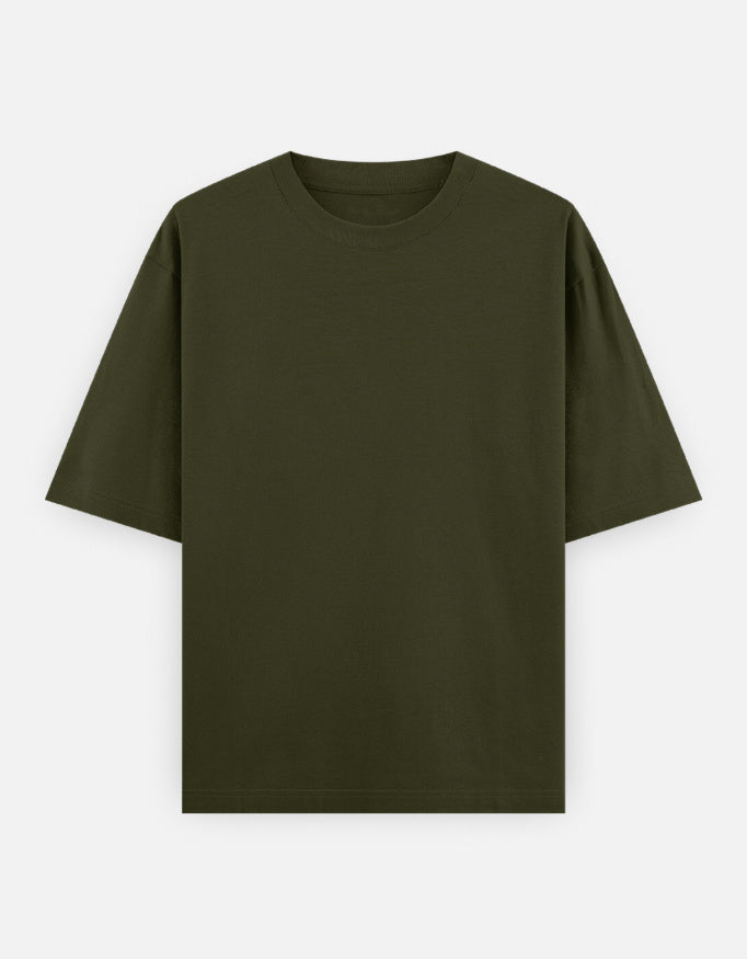 Color_OliveGreen. High-quality oversized unisex t-shirt with a classic crew neck and drop-shoulder construction. Smooth, heavy-weight cotton fabric in a solid color, offering a relaxed, boxy streetwear fit for a timeless aesthetic.