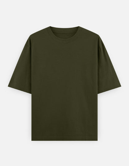 Color_OliveGreen. High-quality oversized unisex t-shirt with a classic crew neck and drop-shoulder construction. Smooth, heavy-weight cotton fabric in a solid color, offering a relaxed, boxy streetwear fit for a timeless aesthetic.