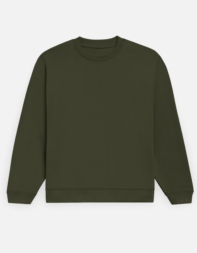 Color_OliveGreen. Premium solid-colored unisex crewneck sweatshirt made from 100% cotton and 300 GSM brushed fleece. Features a relaxed regular fit with snug ribbed cuffs and a structured hem. High-quality, heavyweight cozy apparel designed for cold weather and casual streetwear.