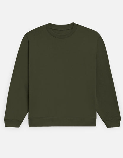 Color_OliveGreen. Premium solid-colored unisex crewneck sweatshirt made from 100% cotton and 300 GSM brushed fleece. Features a relaxed regular fit with snug ribbed cuffs and a structured hem. High-quality, heavyweight cozy apparel designed for cold weather and casual streetwear.