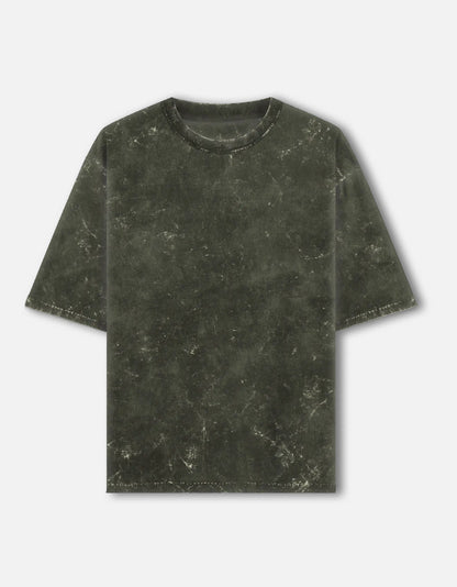 Color_OliveGreen. Oversized unisex t-shirt with a vintage acid-washed or mineral-wash texture. Features a faded, marbled grey and black aesthetic with a drop-shoulder, boxy fit. High-quality cotton streetwear with a distressed, retro finish.