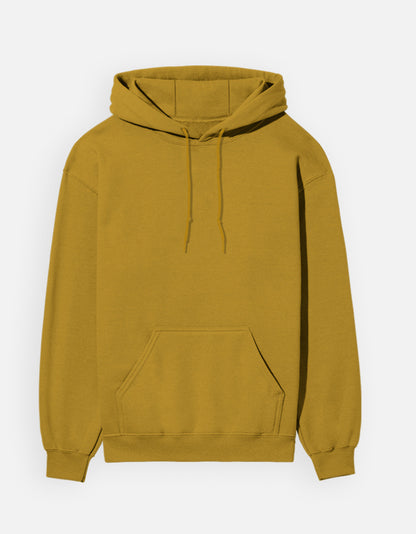 Color_MustardYellow. unisex heavyweight hoodie featuring a centered, detailed azure blue abstract graphic. 300 GSM cotton brushed fleece with kangaroo pocket and ribbed finishes. Structured streetwear fit for cold weather.