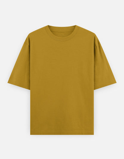 Color_MustardYellow. Oversized plain classic streetwear t-shirt in a premium heavyweight cotton blend. Features a boxy silhouette, dropped shoulders, and a clean, minimalist aesthetic without graphics.