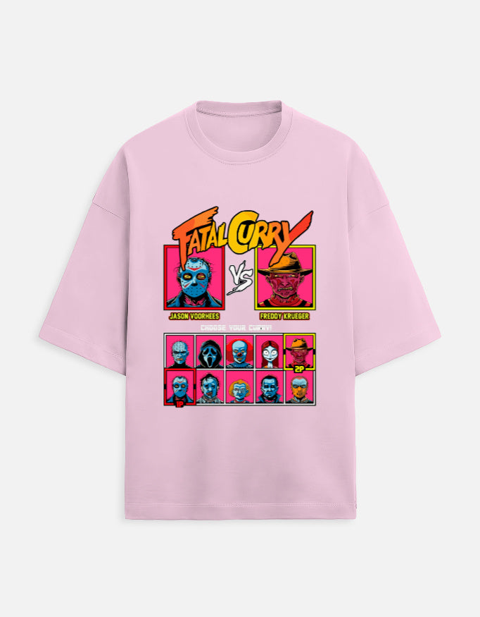 Color_LightBabyPink. oversized t-shirt featuring a colorful graphic inspired by a video game selection screen. It displays portraits of horror icons like Jason Voorhees and Freddy Krueger under the stylized orange and yellow title "Fatal Curry."