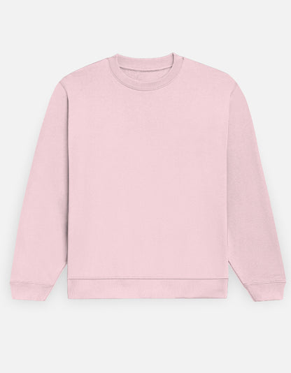 Color_LightBabyPink. Premium solid-colored unisex crewneck sweatshirt made from 100% cotton and 300 GSM brushed fleece. Features a relaxed regular fit with snug ribbed cuffs and a structured hem. High-quality, heavyweight cozy apparel designed for cold weather and casual streetwear.