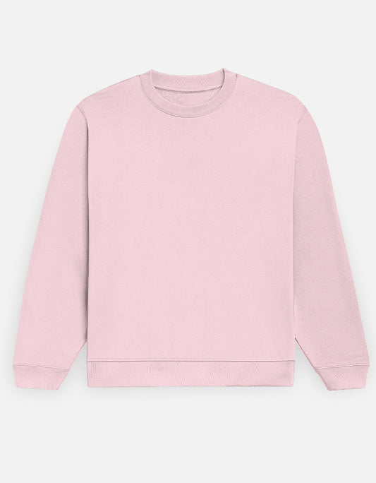 Color_LightBabyPink. Premium solid-colored unisex crewneck sweatshirt made from 100% cotton and 300 GSM brushed fleece. Features a relaxed regular fit with snug ribbed cuffs and a structured hem. High-quality, heavyweight cozy apparel designed for cold weather and casual streetwear.