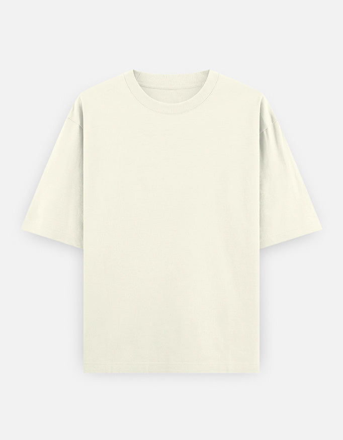Color_OffWhite. High-quality oversized unisex t-shirt with a classic crew neck and drop-shoulder construction. Smooth, heavy-weight cotton fabric in a solid color, offering a relaxed, boxy streetwear fit for a timeless aesthetic.