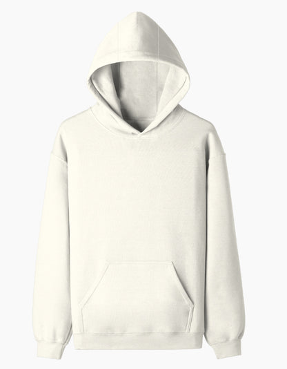 Color_OffWhite. Oversized midnight black heavyweight streetwear hoodie with a front kangaroo pocket and dropped shoulders. Features a structured boxy fit in premium cotton fleece without graphics.