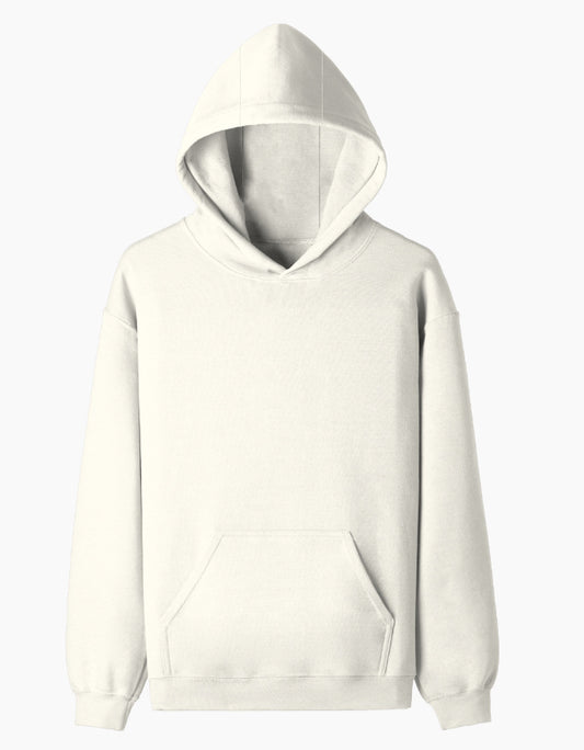 Color_OffWhite. Oversized midnight black heavyweight streetwear hoodie with a front kangaroo pocket and dropped shoulders. Features a structured boxy fit in premium cotton fleece without graphics.