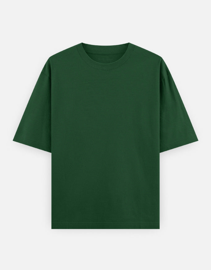 Color_BottleGreen. Oversized plain classic streetwear t-shirt in a premium heavyweight cotton blend. Features a boxy silhouette, dropped shoulders, and a clean, minimalist aesthetic without graphics.