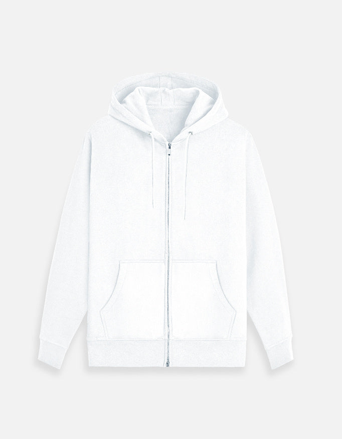 Color_White. Premium unisex full-zip hoodie made from heavyweight 300 GSM brushed fleece. Features a drawstring hood, split kangaroo front pockets, and ribbed cuffs and hem. High-quality cotton blend for a durable, cozy, and versatile streetwear fit.