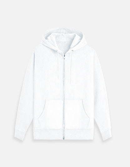 Color_White. Premium unisex full-zip hoodie made from heavyweight 300 GSM brushed fleece. Features a drawstring hood, split kangaroo front pockets, and ribbed cuffs and hem. High-quality cotton blend for a durable, cozy, and versatile streetwear fit.