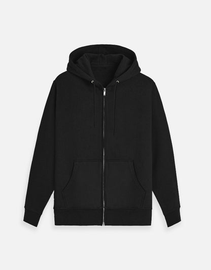 Color_Black. Premium unisex full-zip hoodie made from heavyweight 300 GSM brushed fleece. Features a drawstring hood, split kangaroo front pockets, and ribbed cuffs and hem. High-quality cotton blend for a durable, cozy, and versatile streetwear fit.